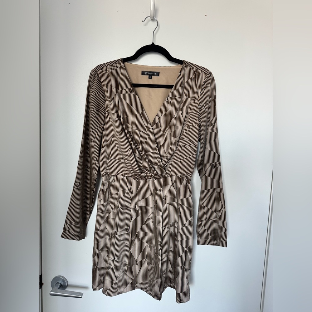 V-Neck Long Sleeve Mini Dress with Subtle Stripes - Picture 2 of 5